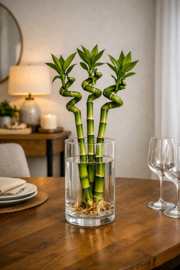 Bambu da sorte em vaso de vidro na água decorando ambiente interno de apartamento