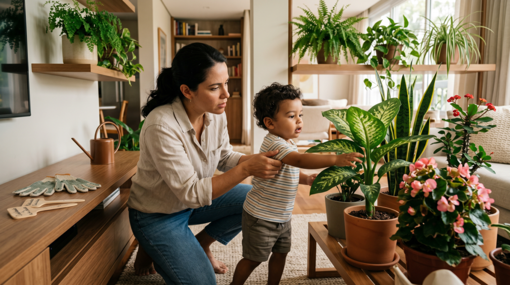Plantas tóxicas para crianças. Mulher tirando crinaça de perto da planta tóxica