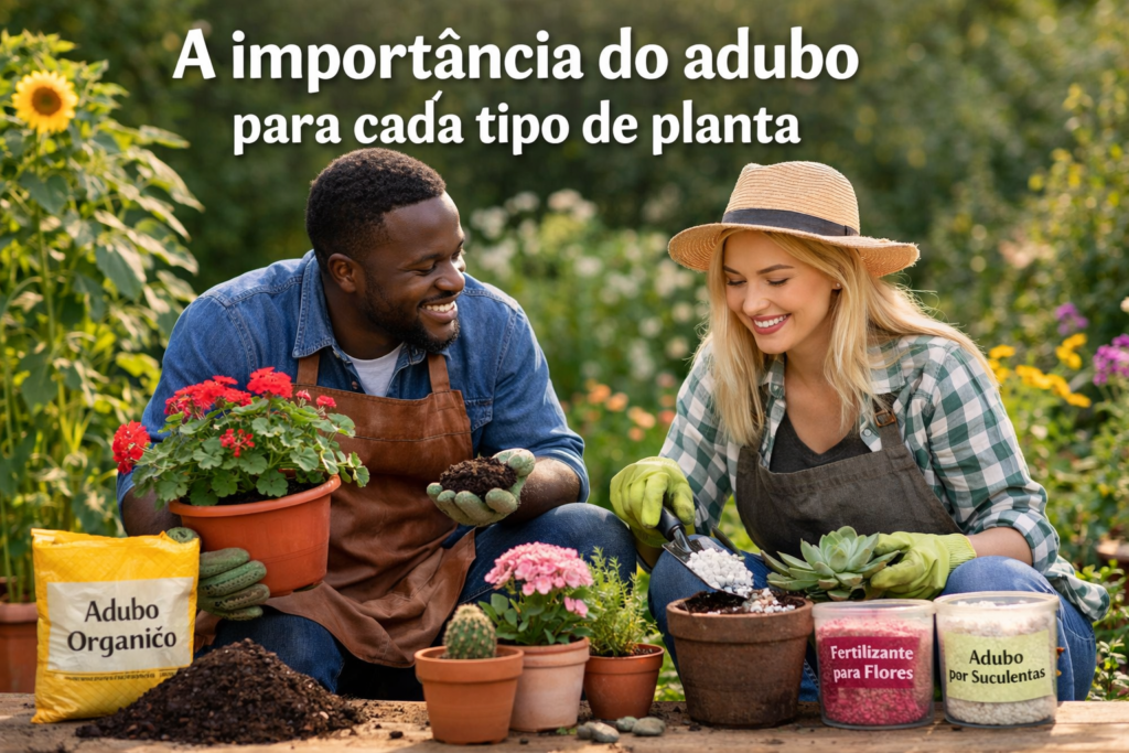 Casal usando adubo nas plantas