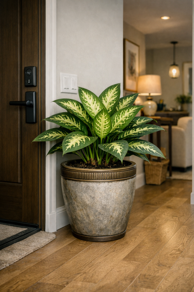 5 plantas ideais de apartamento; vaso de comigo-ninguém pode decorando porta de entrada