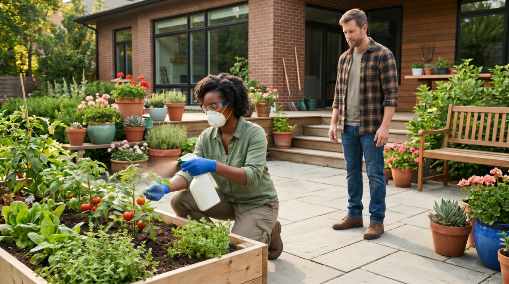 Mulher aplicando defensivo para plantas na horta com homem observando a distância