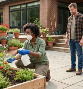 Mulher aplicando defensivo para plantas na horta com homem observando a distância