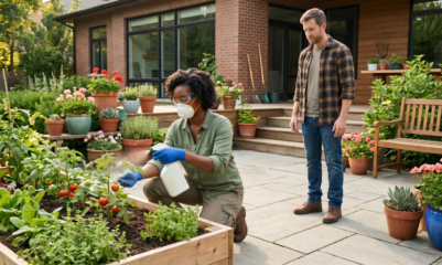 Mulher aplicando defensivo para plantas na horta com homem observando a distância