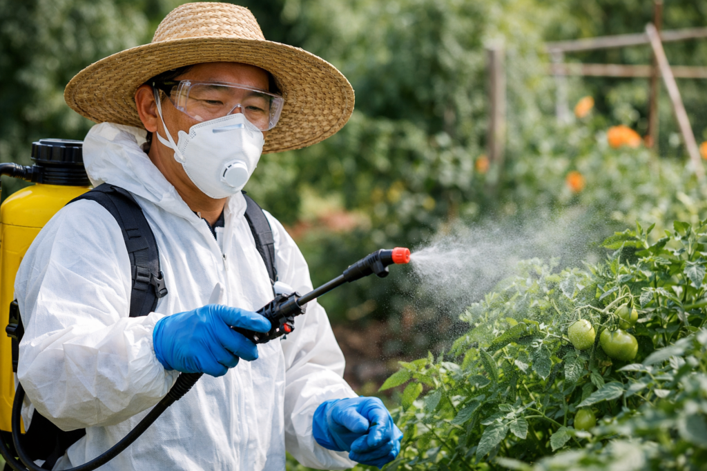 homem aplicando defensivo para plantas