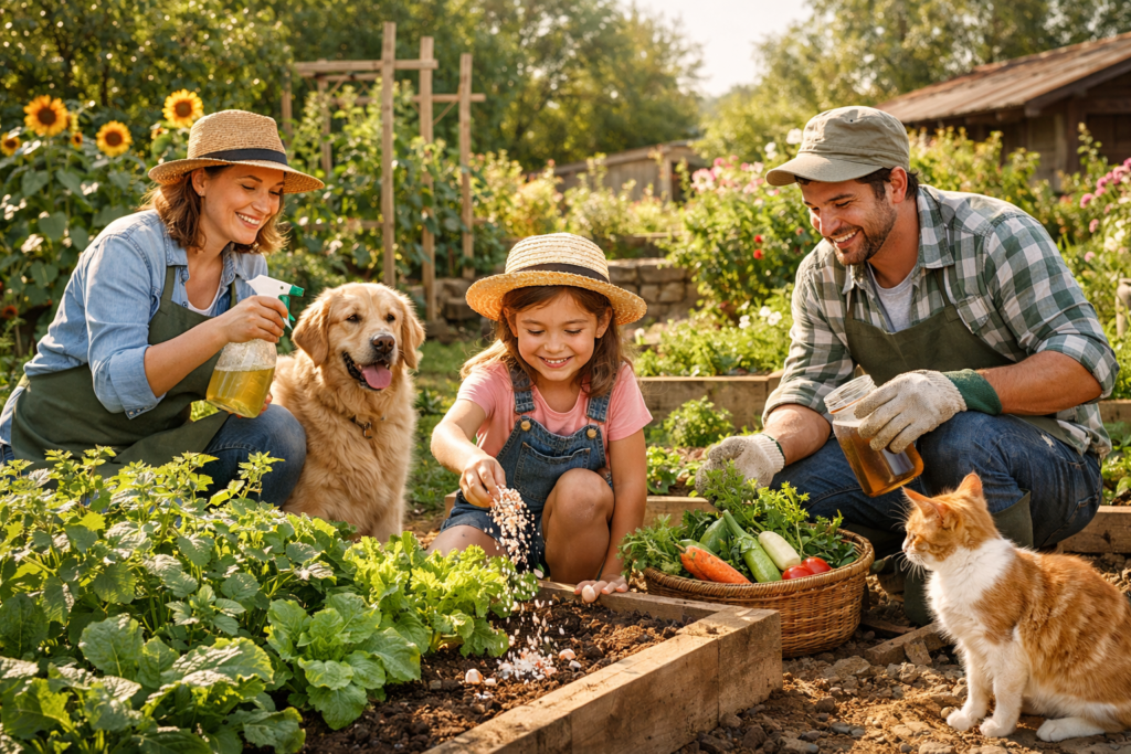 Casal usando defensivos naturais para plantas em sua horta, junto com sua filha e pets .