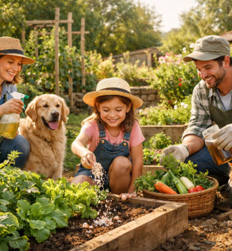 Casal usando defensivos naturais para plantas em sua horta, junto com sua filha e pets .