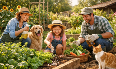 Casal usando defensivos naturais para plantas em sua horta, junto com sua filha e pets .