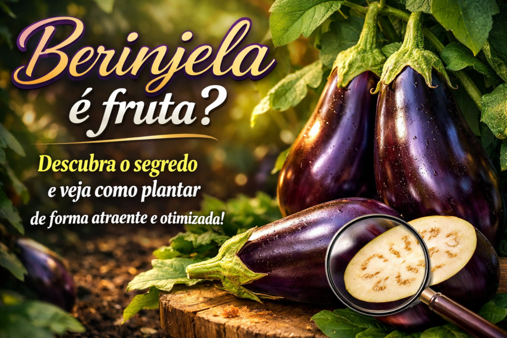 Imagem elegante com berinjelas roxas brilhantes em um jardim verde, acompanhadas do t&iacute;tulo &ldquo;Berinjela &eacute; fruta? Descubra o segredo e veja como plantar de forma atraente e otimizada&rdquo;, em tipografia sofisticada sobre fundo natural iluminado.