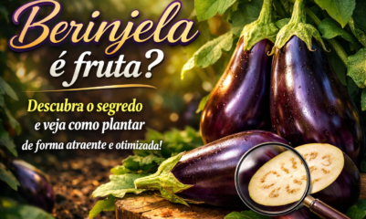 Imagem elegante com berinjelas roxas brilhantes em um jardim verde, acompanhadas do título “Berinjela é fruta? Descubra o segredo e veja como plantar de forma atraente e otimizada”, em tipografia sofisticada sobre fundo natural iluminado.