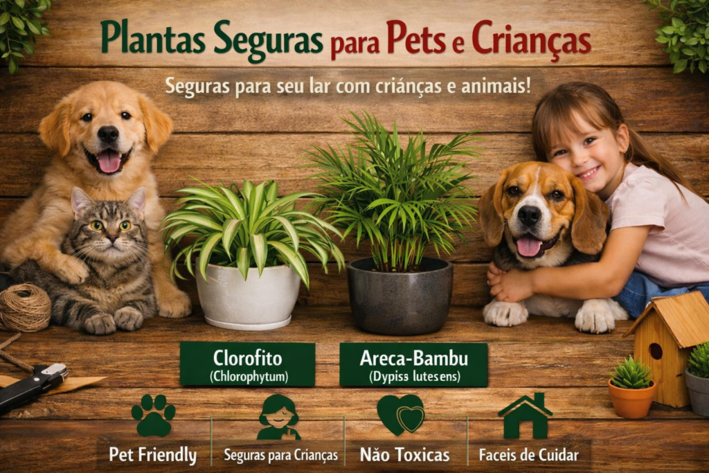 Banner horizontal com Clorofito e Areca-Bambu em vasos, acompanhados de pets e criança sorridente, com título “Plantas Seguras para Pets e Crianças