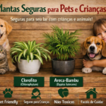 Banner horizontal com Clorofito e Areca-Bambu em vasos, acompanhados de pets e criança sorridente, com título “Plantas Seguras para Pets e Crianças