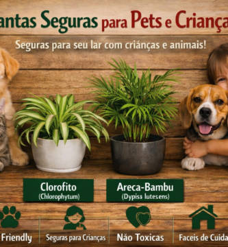 Banner horizontal com Clorofito e Areca-Bambu em vasos, acompanhados de pets e criança sorridente, com título “Plantas Seguras para Pets e Crianças