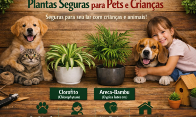 Banner horizontal com Clorofito e Areca-Bambu em vasos, acompanhados de pets e criança sorridente, com título “Plantas Seguras para Pets e Crianças