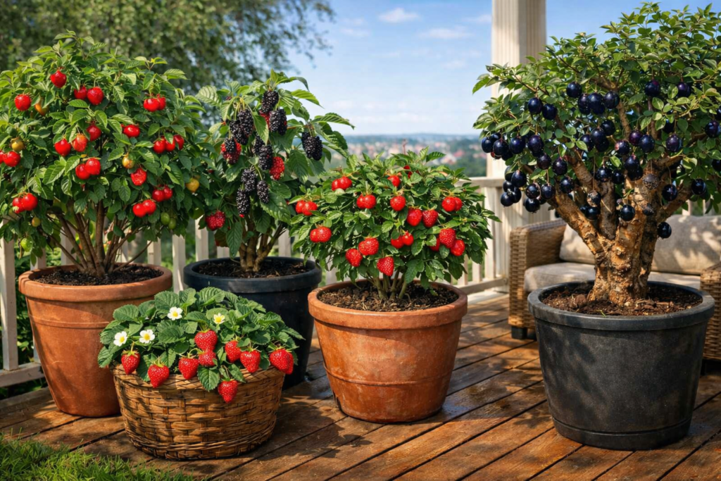 Varanda ensolarada com vasos de frut&iacute;feras f&aacute;ceis de cultivar &mdash; pitangueira, amoreira, aceroleira, morangueiro e jabuticabeira &mdash; exibindo frutas maduras e folhas verdes.