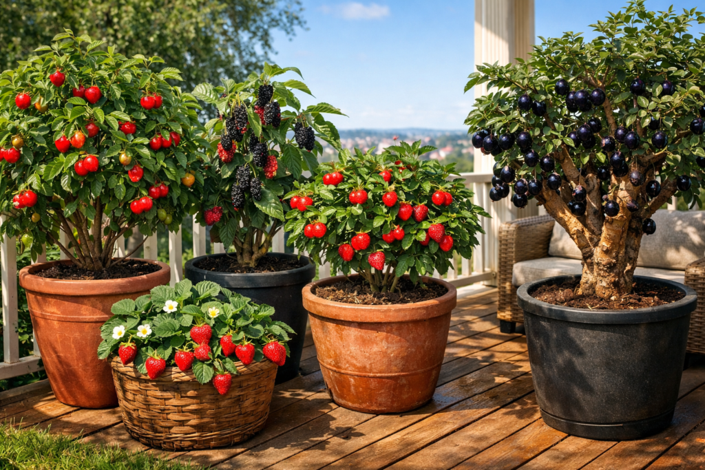Varanda ensolarada com vasos de frutíferas fáceis de cultivar — pitangueira, amoreira, aceroleira, morangueiro e jabuticabeira — exibindo frutas maduras e folhas verdes.