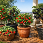 Varanda ensolarada com vasos de frutíferas fáceis de cultivar — pitangueira, amoreira, aceroleira, morangueiro e jabuticabeira — exibindo frutas maduras e folhas verdes.