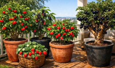 Varanda ensolarada com vasos de frutíferas fáceis de cultivar — pitangueira, amoreira, aceroleira, morangueiro e jabuticabeira — exibindo frutas maduras e folhas verdes.