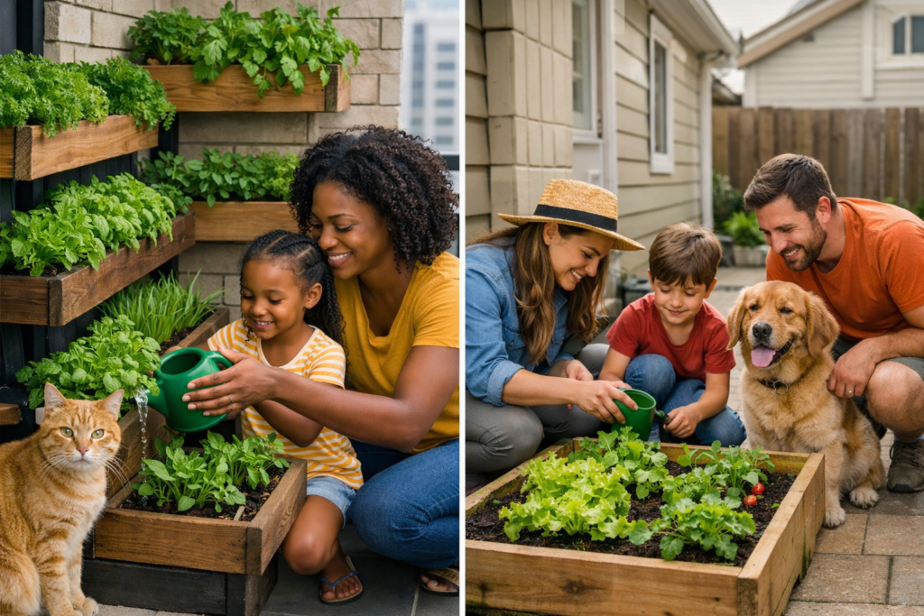 Família cultivando horta sustentável em casa e apartamento, com crianças, pets e temperos frescos em ambiente acolhedor.