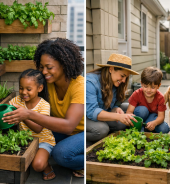 Família cultivando horta sustentável em casa e apartamento, com crianças, pets e temperos frescos em ambiente acolhedor.