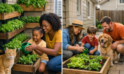 Família cultivando horta sustentável em casa e apartamento, com crianças, pets e temperos frescos em ambiente acolhedor.