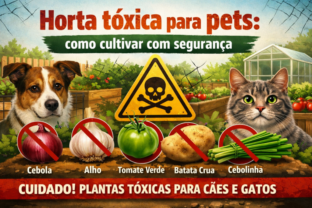 Banner informativo “Horta tóxica para pets: como cultivar com segurança”, mostrando cebola, alho, tomate verde, batata crua e cebolinha com símbolos de alerta e pets ao redor, destacando os riscos e cuidados para cães e gatos.