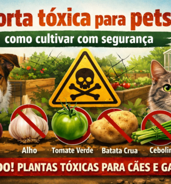Banner informativo “Horta tóxica para pets: como cultivar com segurança”, mostrando cebola, alho, tomate verde, batata crua e cebolinha com símbolos de alerta e pets ao redor, destacando os riscos e cuidados para cães e gatos.