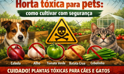 Banner informativo “Horta tóxica para pets: como cultivar com segurança”, mostrando cebola, alho, tomate verde, batata crua e cebolinha com símbolos de alerta e pets ao redor, destacando os riscos e cuidados para cães e gatos.