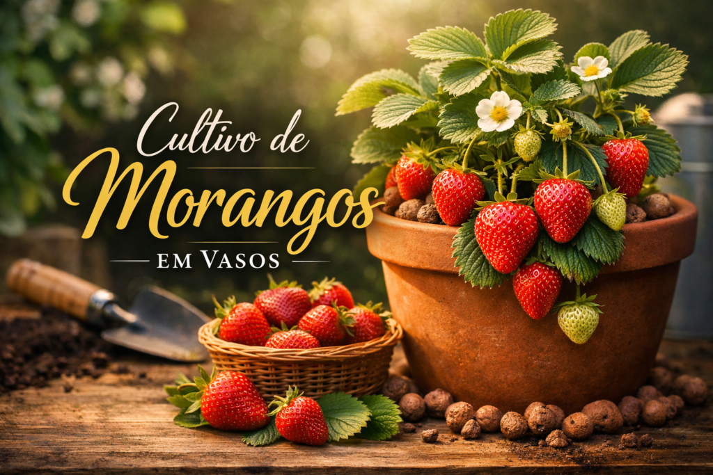 Cultivo caseiro de morangos em vasos com flores e frutos vermelhos sobre mesa rústica, texto elegante Cultivo de Morangos em Vasos' em destaque.