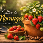 Cultivo caseiro de morangos em vasos com flores e frutos vermelhos sobre mesa rústica, texto elegante Cultivo de Morangos em Vasos' em destaque.
