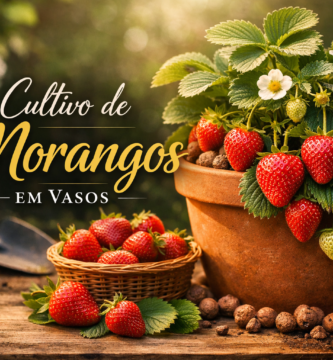 Cultivo caseiro de morangos em vasos com flores e frutos vermelhos sobre mesa rústica, texto elegante Cultivo de Morangos em Vasos' em destaque.