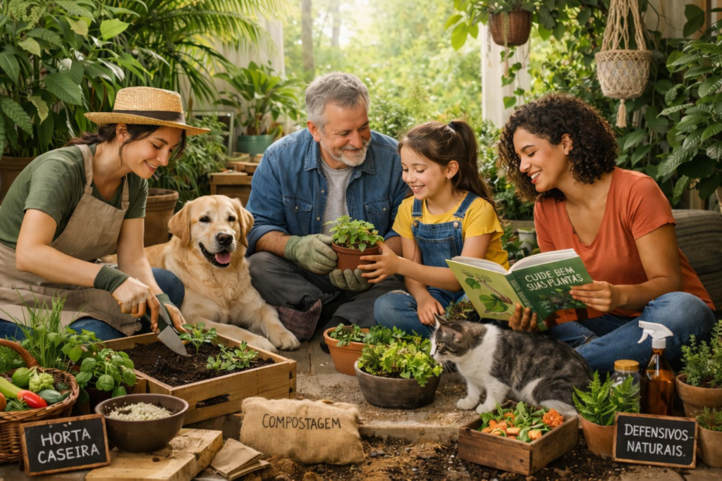 &ldquo;Grupo de pessoas jardinando em mesa com vasos e plantas na horta caseira.