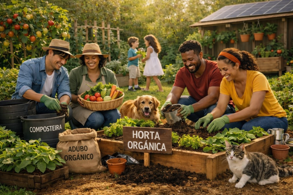dois casais fazendo horta caseira com pet e crian&ccedil;as brincando