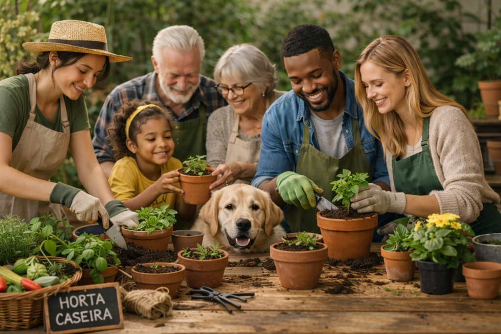 Pessoas praticando jardinagem com crian&ccedil;a e pet