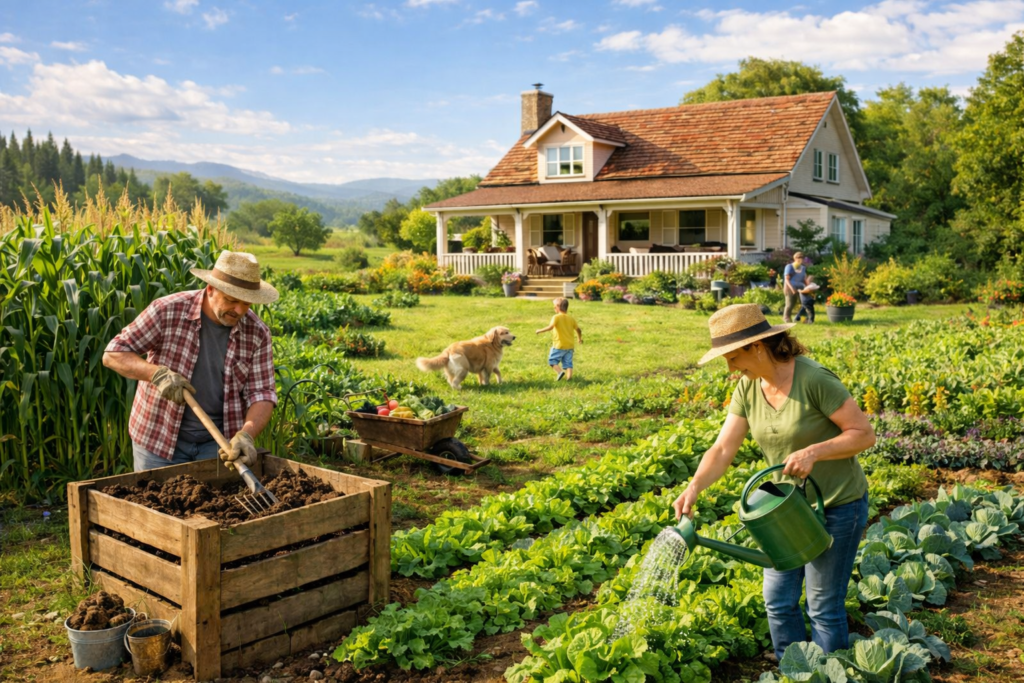 Um dia ensolarado sobre o campo, onde o verde refinado das planta&ccedil;&otilde;es se mistura ao riso das crian&ccedil;as e ao carinho dos pets. Pessoas cuidam da terra com amor, regadores nas m&atilde;os e cora&ccedil;&otilde;es tranquilos &mdash; um retrato vivo da harmonia entre natureza e vida.