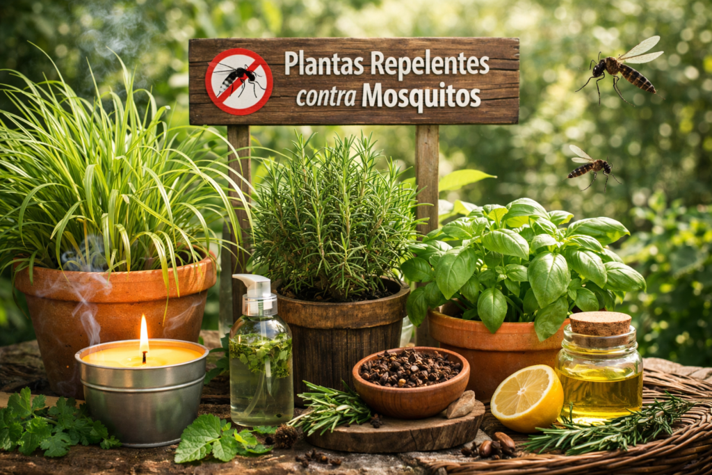 Plantas que Espantam Mosquitos: cultivo natural e seguro com citronela, alecrim e manjericão em vasos para proteger sua casa.