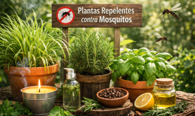 Plantas que Espantam Mosquitos: cultivo natural e seguro com citronela, alecrim e manjericão em vasos para proteger sua casa.