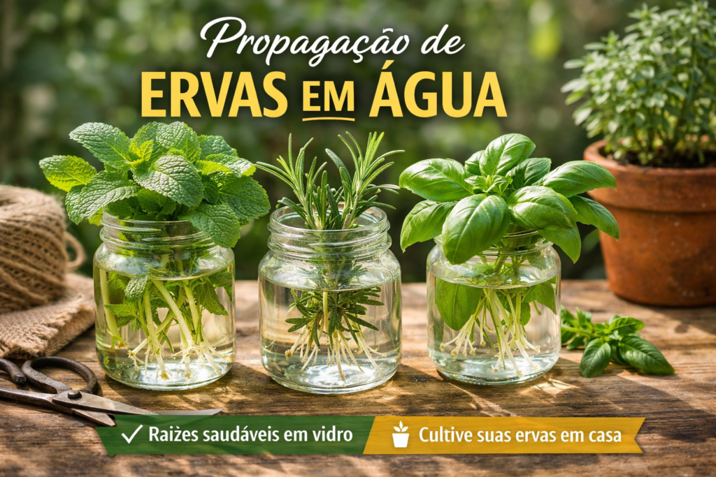 Propagação de mudas de ervas em água em frascos de vidro sobre mesa de madeira, mostrando raízes saudáveis de hortelã, alecrim e manjericão.