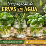 Propagação de mudas de ervas em água em frascos de vidro sobre mesa de madeira, mostrando raízes saudáveis de hortelã, alecrim e manjericão.