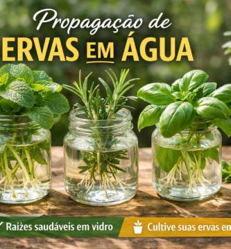 Propagação de mudas de ervas em água em frascos de vidro sobre mesa de madeira, mostrando raízes saudáveis de hortelã, alecrim e manjericão.