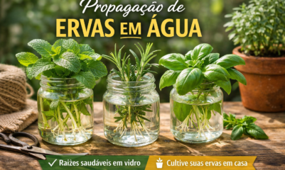 Propagação de mudas de ervas em água em frascos de vidro sobre mesa de madeira, mostrando raízes saudáveis de hortelã, alecrim e manjericão.