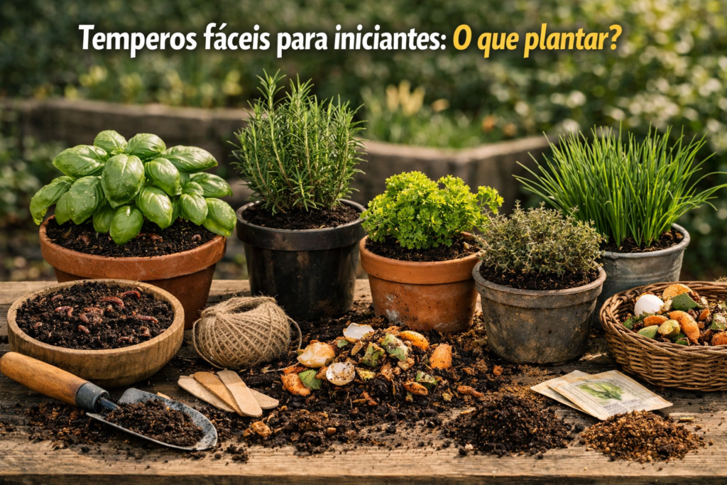 Temperos fáceis para iniciantes: O que plantar? — vasos de ervas frescas sobre mesa de madeira com húmus de minhoca e compostagem ao redor, em jardim iluminado pelo sol."