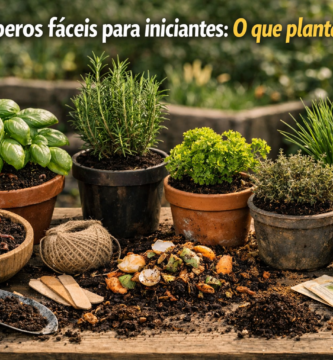 Temperos fáceis para iniciantes: O que plantar? — vasos de ervas frescas sobre mesa de madeira com húmus de minhoca e compostagem ao redor, em jardim iluminado pelo sol."
