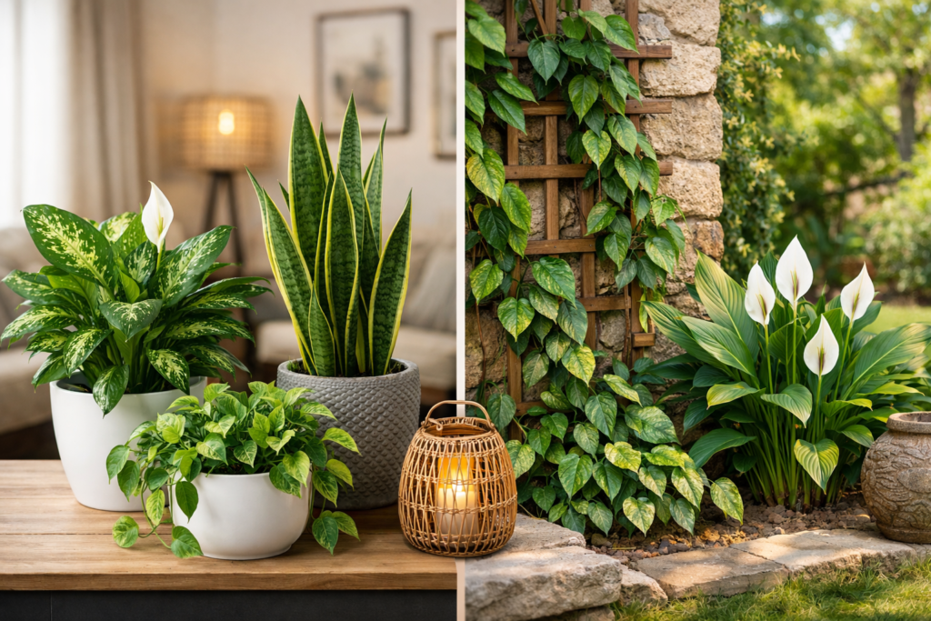 Plantas ornamentais — Comigo-Ninguém-Pode, Espada-de-São-Jorge, Jiboia e Lírio da Paz — em ambiente interno e externo.