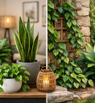Plantas ornamentais — Comigo-Ninguém-Pode, Espada-de-São-Jorge, Jiboia e Lírio da Paz — em ambiente interno e externo.