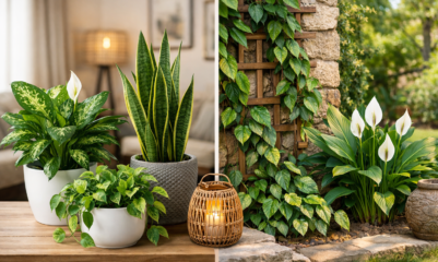 Plantas ornamentais — Comigo-Ninguém-Pode, Espada-de-São-Jorge, Jiboia e Lírio da Paz — em ambiente interno e externo.