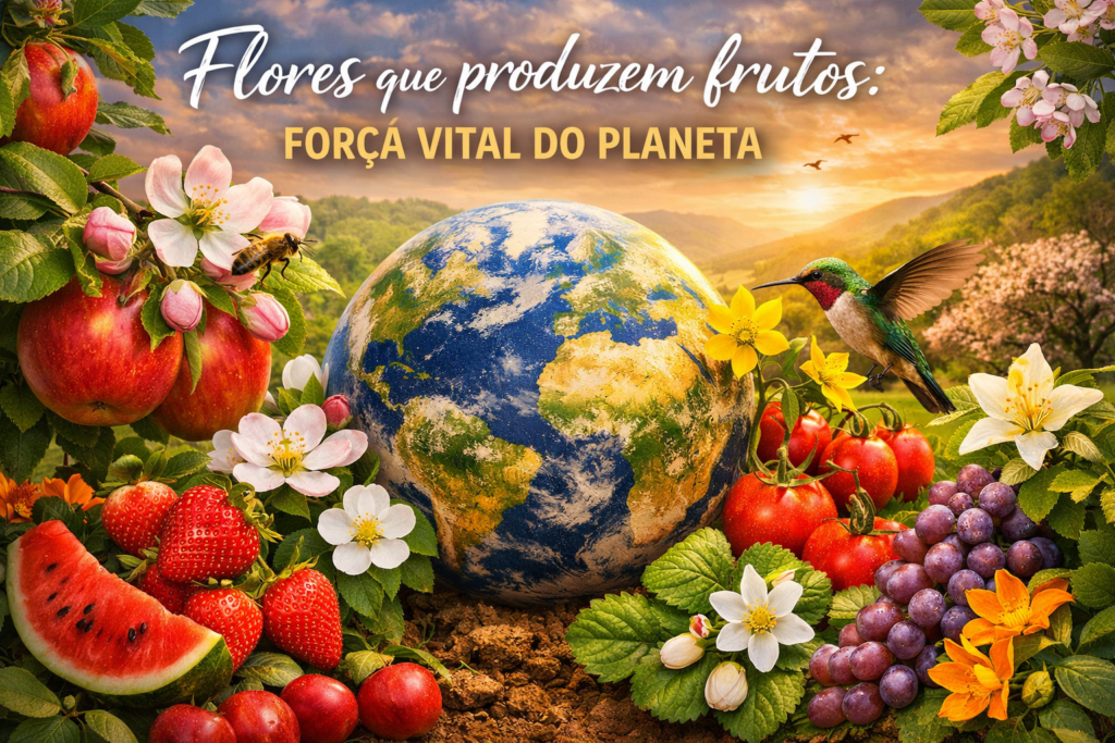Planeta Terra cercado por flores coloridas e frutos, simbolizando a força vital e o equilíbrio da natureza.