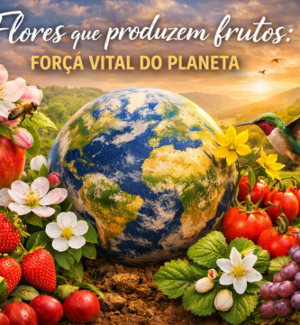 Planeta Terra cercado por flores coloridas e frutos, simbolizando a força vital e o equilíbrio da natureza.