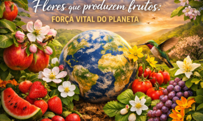 Planeta Terra cercado por flores coloridas e frutos, simbolizando a força vital e o equilíbrio da natureza.