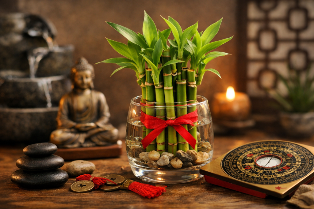 Bambu da sorte em vaso de vidro com pedras e fita vermelha, ao lado de estátua de Buda e bússola Feng Shui, simbolizando harmonia, prosperidade e energia positiva em ambiente equilibrado.