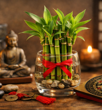 Bambu da sorte em vaso de vidro com pedras e fita vermelha, ao lado de estátua de Buda e bússola Feng Shui, simbolizando harmonia, prosperidade e energia positiva em ambiente equilibrado.
